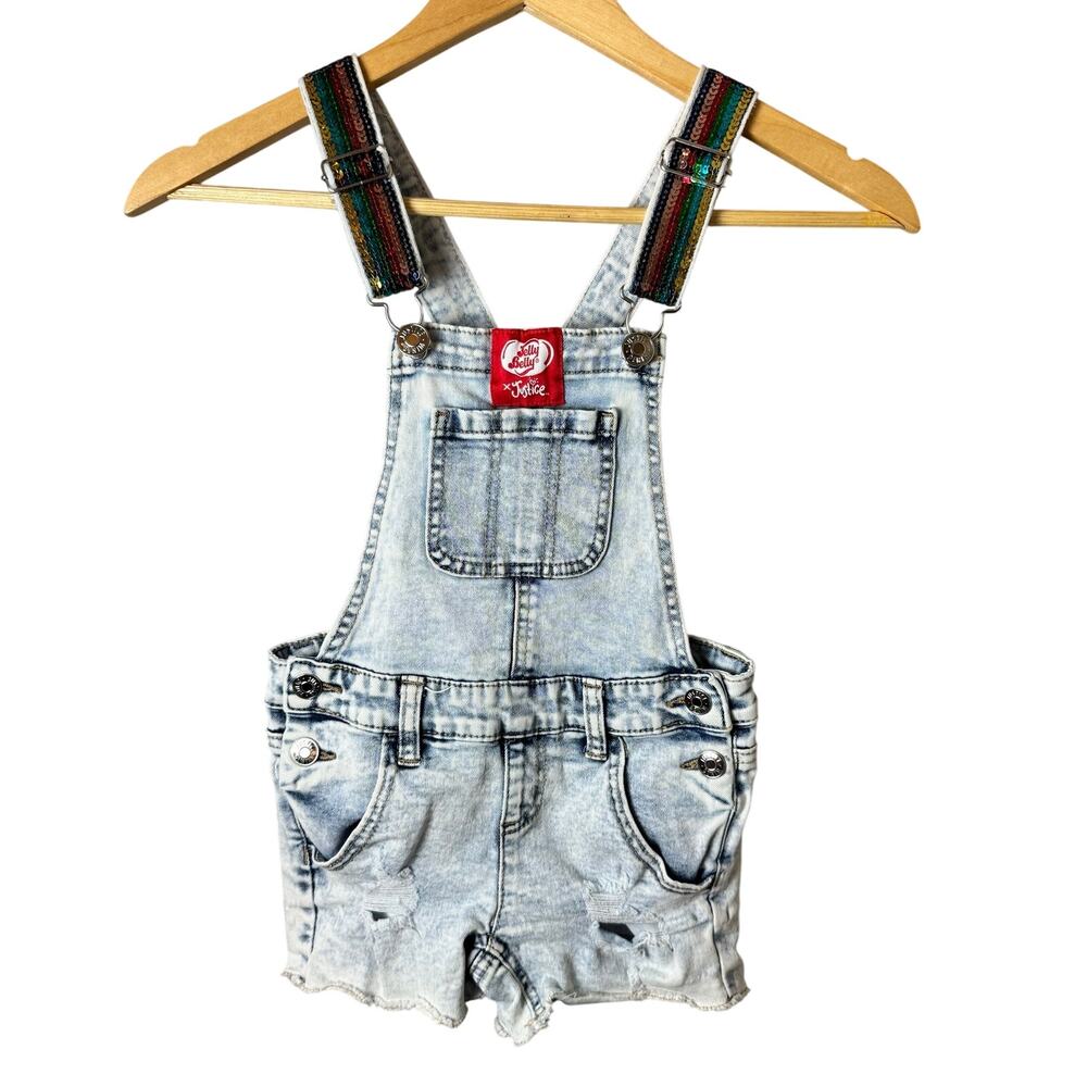 Vintage Justice Overalls & T-Shirt Jelly Belly Girls Size 7 Retro Rainbow Shorts